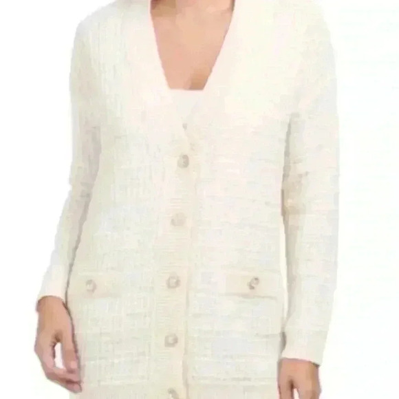 Elie Tahari Cream Pearl Button Long Knit Cardigan Sweater S - Picture 1 of 7